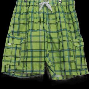 Kanu Surf Lime Green Plaid Swim Trunk Cargo Shorts Men's Size XL